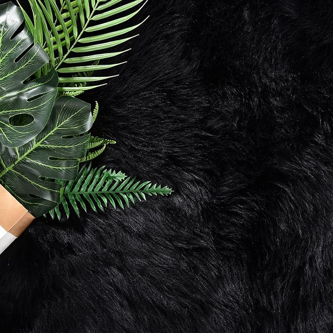 Latepis Area Rug 6x8, Faux Fur Sheepskin Rug for Living Room, Fluffy Washable Rugs for Bedroom, Dorm, Luxury Room Decor, Black Fur Rugs, Rectangle