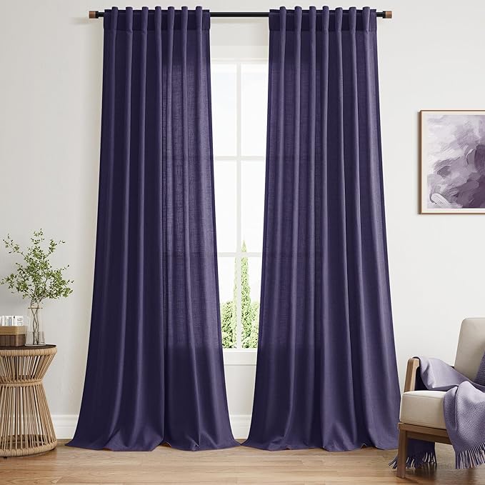 Purple Linen Curtains 90 Inch Long 2 Panels Set for Bedroom Living Room, Soft Linen Textured Window Drapes Semi Sheer Light Filtering Rod Pocket Back Tab Morden Style 52x90