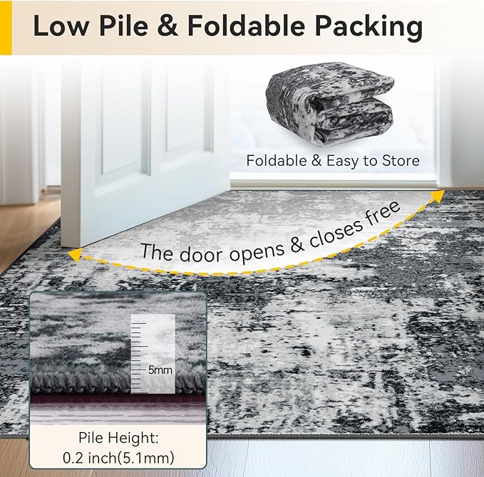 Washable Area Rugs 4ft Non-Slip Modern Abstract Soft for Living Room Entryway Bedroom Nursery, Print Pattern, Black Navy Blue Gray
