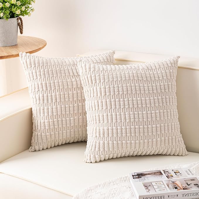 Pack of 2 Corduroy Decorative Throw Pillow Covers 22x22 Inch Soft Striped Pillow Covers Modern Farmhouse Home Decor for Sofa Living Room Couch Bed（Cream White）