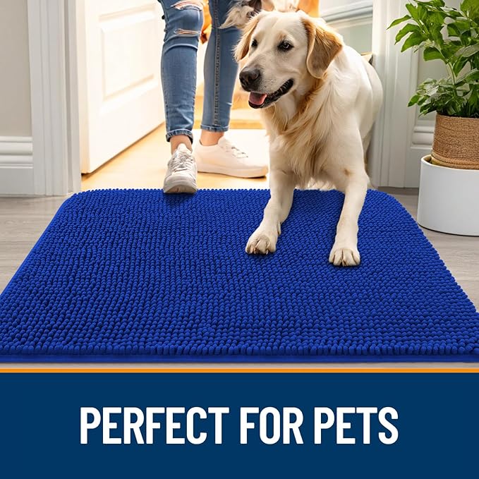 OLANLY Dog Door Mat for Muddy Paws 30x17, Absorbs Moisture and Dirt, Absorbent Non-Slip Washable Doormat, Quick Dry Chenille Mud Mat for Dogs, Entry Indoor Entryway Carpet for Inside Floor, Royal Blue