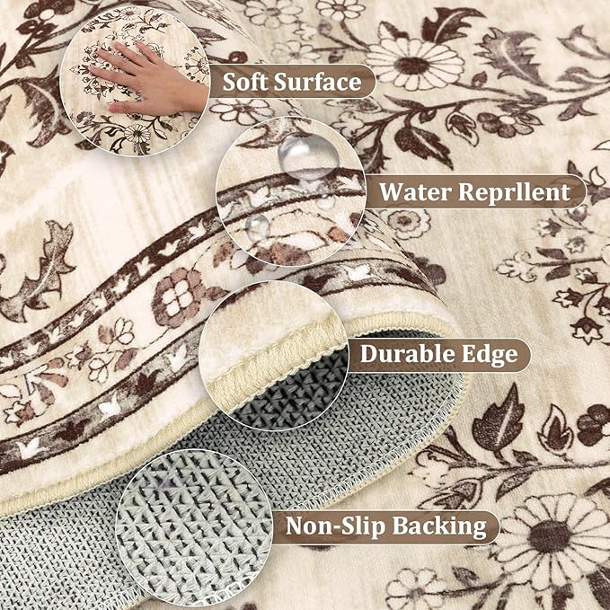 Yamaziot Washable Runner Rug 2x12 – Floral Non Slip Boho Hallway Runner Rug with Rubber Backing, Low Pile Faux Wool Distressed Carpet for Kitchen, Laundry, Bedroom, Entrance, Brown