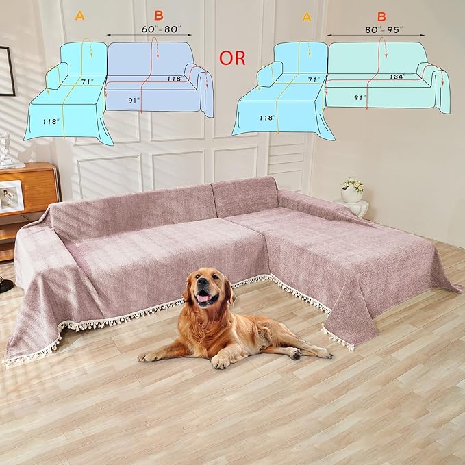 HANDONTIME Soild Couch Covers for Dogs Pink-Purple Sofa Covers Boho Cover for Sofa 3 Seats Chenille Sofa Throw Cover Mauve Sofa Covers for 3 Cushion Couch Tassel, Washable, Pet Friendly, 91" X118"