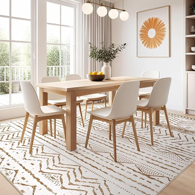 Nakagishi Area Rug Living Room Rugs: 5x7 Machine Washable Boho Large Neutral Farmhouse Stain Resistant Moroccan Indoor Carpet for Bedroom Nursery Dorm Classroom Playroom Dining Room House-Brown White