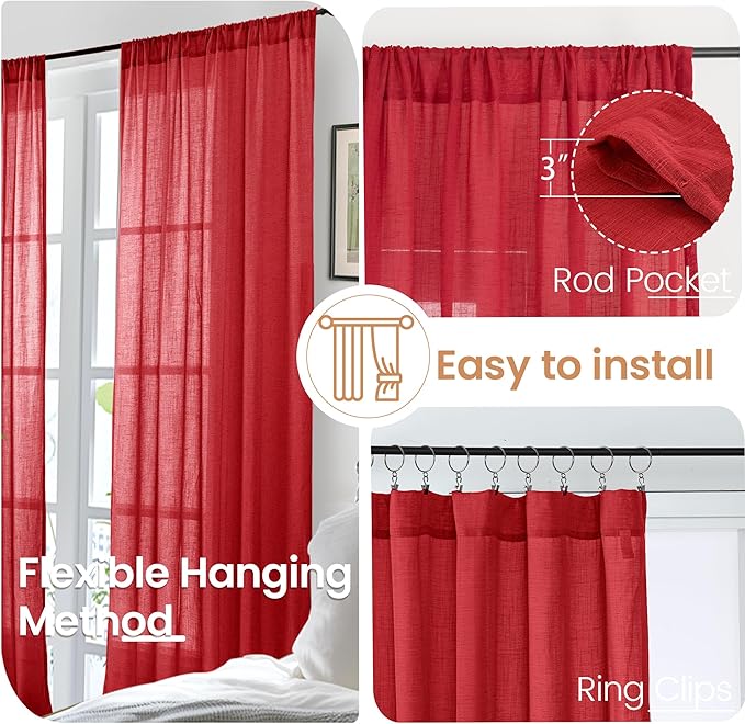 BGment Red Linen Curtains 54 Inch Length for Bedroom Window, Semi Sheer Drapes Lightweight Rustic Textured for Living Room Farmhouse with Rod Pocket, 2 Panels Set, Each 42 Inch Wide
