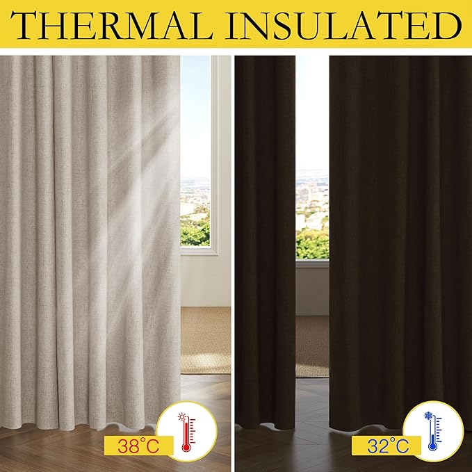 NICETOWN Oatmeal Vintage Open Linen Weave Flax Thermal Curtains, 100% Blackout Curtains 63" Long for Dining Room, Soundproof Window Treatment Drapes for Dorm Room, 62" Wide Per Panel, Set of 2