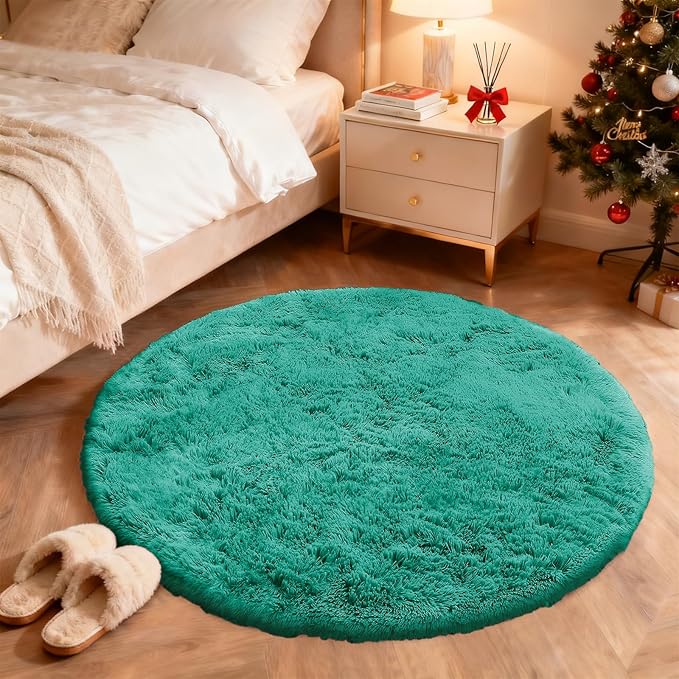 OLANLY Teal Green Round Rugs for Bedroom - Machine Washable, 4 ft Circle Area Rugs for Living Room, Soft and Fluffy Shaggy Carpet for Teen Girl and Boys, Nursery Rooms, Dorms, Home Decor Aesthetic
