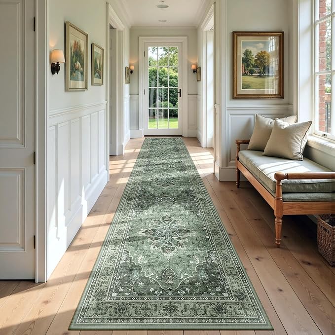 Area Rugs 2'x9' Runner Rug Non Slip Washable for Kitchen Hallway Bedroom Beside Laundry Room Bathroom Rug, Floor Carpet, Dark Green Gray