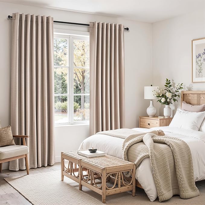 Topfinel 92 inch Long Blackout Curtains 2 Panels Set Neutral Beige Window Drapes 100% Blackout Linen Curtain with Back Tab Rod Pocket Sunlight Blocking Thermal Insulated Panel for Bedroom Living Room
