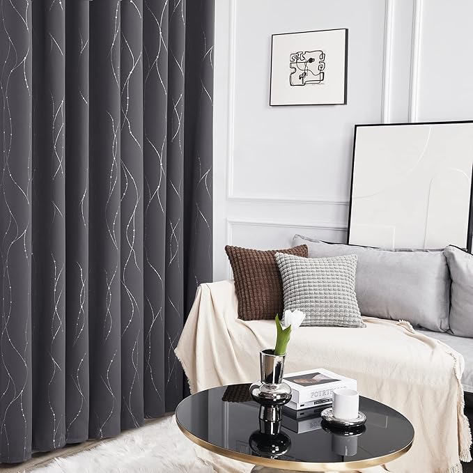 Deconovo Grey Blackout Curtains for Living Room, Thermal Insulated Soundproof Drapes, Wave Dots Foil Print, 52 x 72 Inches Long, 2 Panels, Machine‑Washable Window Panel for Bedroom Nursery Office