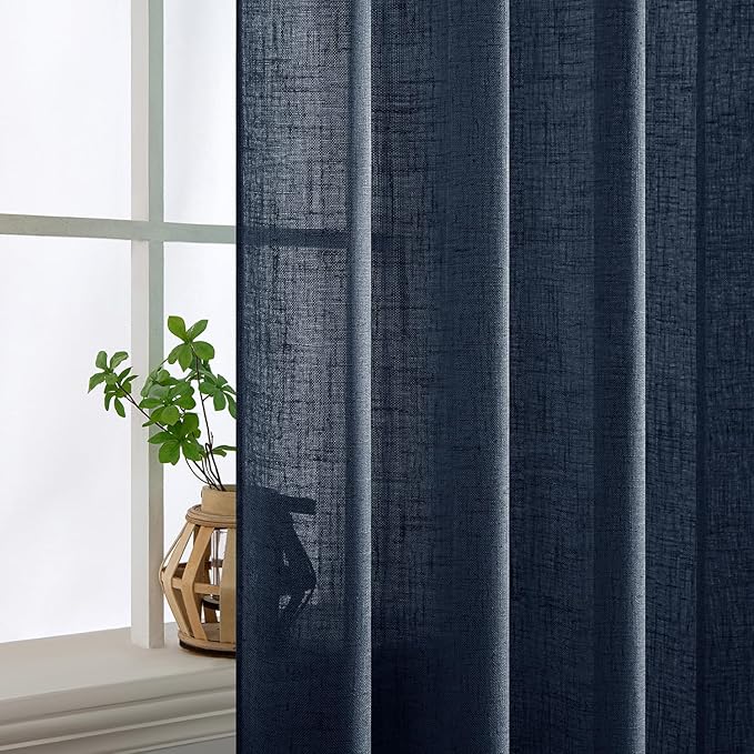 MIULEE Navy Blue Linen Curtains 108 Inch Length 2 Panels for Bedroom Living Room, Soft Thick Linen Textured Natural Window Drapes Semi Sheer Light Filtering Back Tab Rod Pocket Burlap Look Decor