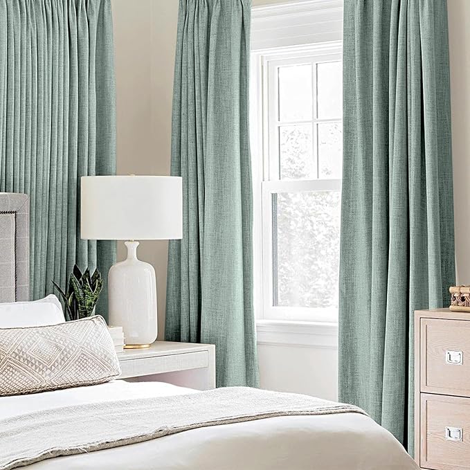 MIULEE Linen Texture Curtains for Bedroom Solid 100% Blackout Thermal Insulated Seafoam Green Curtains Grommet Room Darkening Drapes for Living Room Nursery 52x96 Inch (2 Panels)