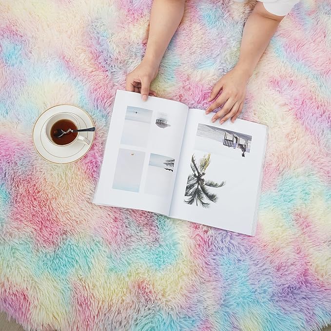 yulidayang Rainbow Fluffy Round Area Rugs for Bedroom,6'X6'Shag Circle Area Rugs for Girls Room,Non Slip Fuzzy Plush Rug for Kids Room Living Room and Dorm Home Decor Rug