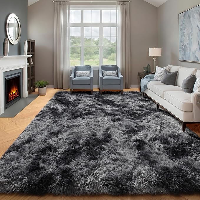 ONASAR Area Rugs for Bedroom Living Room, Fluffy Tie-Dyed Dark Grey 4x6 Indoor Bedside Floor Throw Rug, Soft Plush Shaggy Carpet for Nursery Kids Girls Boys Teen Dorm Home Office Decor