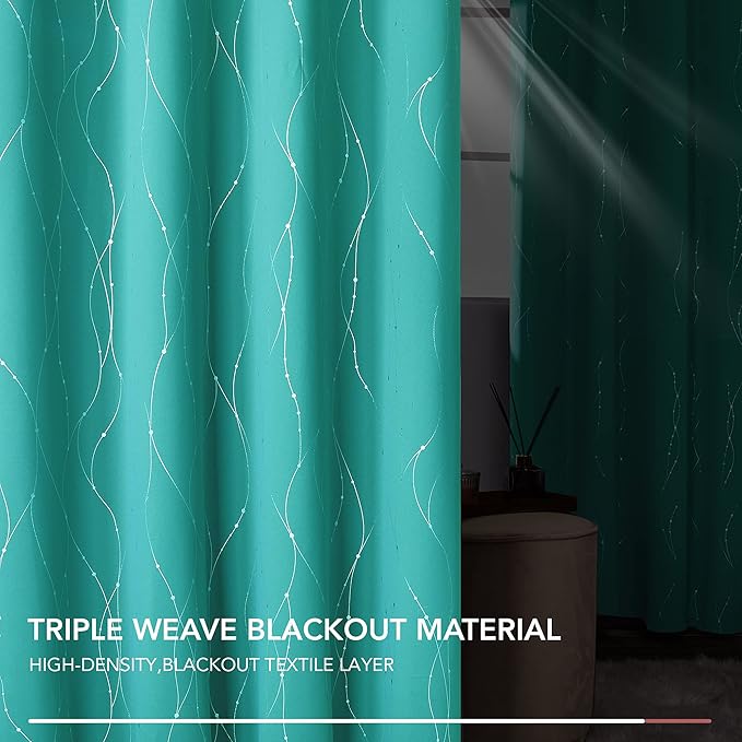 Deconovo Blackout Curtains, Thermal Insulated Soundproof Grommet Drapes, Wave Dots Silver Print, 52 x 72 Inch, Set of 2, Machine Washable Panels for Kitchen Bedroom Living Room Nursery, Turquoise