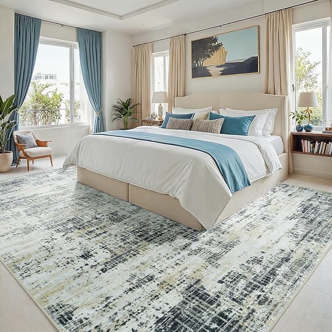6x9 Area Rugs for Living Room Washable Rug: Anti-Skid Abstract Modern Living Room Rug Soft Thin Carpets Indoor Floor Non-Shedding Carpet for Bedroom Dining Farmhouse Nursery Black Gray Gold