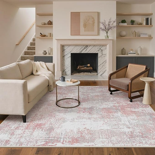 Area Rugs 9x12 for Living Room Bedroom, Modern Abstract Machine Washable Rug, Large Soft Low Pile Floor Carpet with Non Slip Backing for Dining Room, Pink/Grey