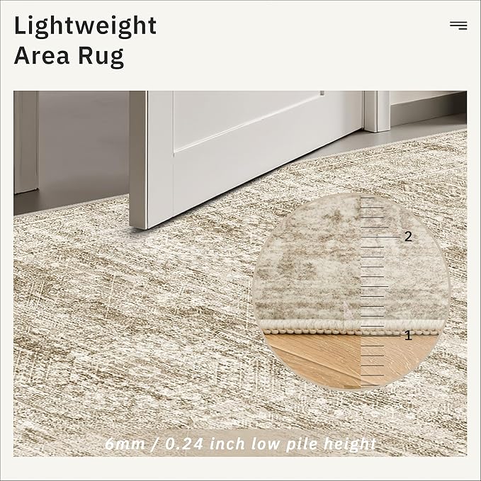 9x12 Area Rugs for Living Room, Non Slip Machine Washable Vintage Rugs, Low Pile Lightweight Large Rug for Bedroom, Dining Room, Home Office Brown