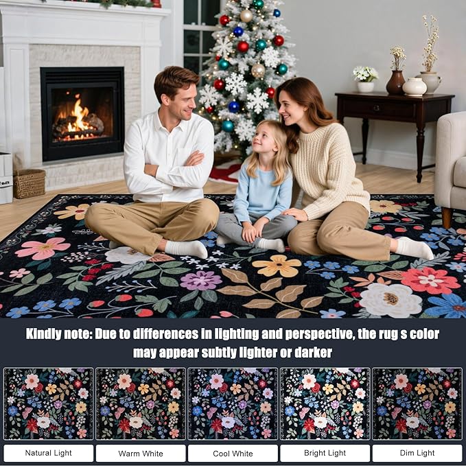 Round Area Rug for Living Room: 6 ft Floral Washable Circle Rug Soft Boho Non-Slip Carpet Indoor Stain Resistant Low Pile Small Circular Rug for Bedroom Entryway Kitchen Nursery Home Office Black