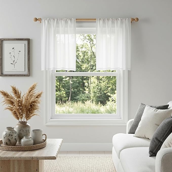 MYSKY HOME Semi Sheer White Curtains 36 Inches Long for Kitchen 2 Panels, Light Filtering Cream Tiers Curtains Rod Pocket Neutral Window Drapes for Bathroom/Cafe/Basement, Pure White, 34 x 36 Inch