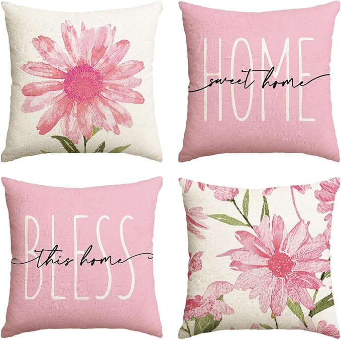 AVOIN colorlife Home Sweet Home Spring Summer Flowers Pink Throw Pillow Covers, 16 x 16 Inch Cushion Case for Sofa Couch Set of 4