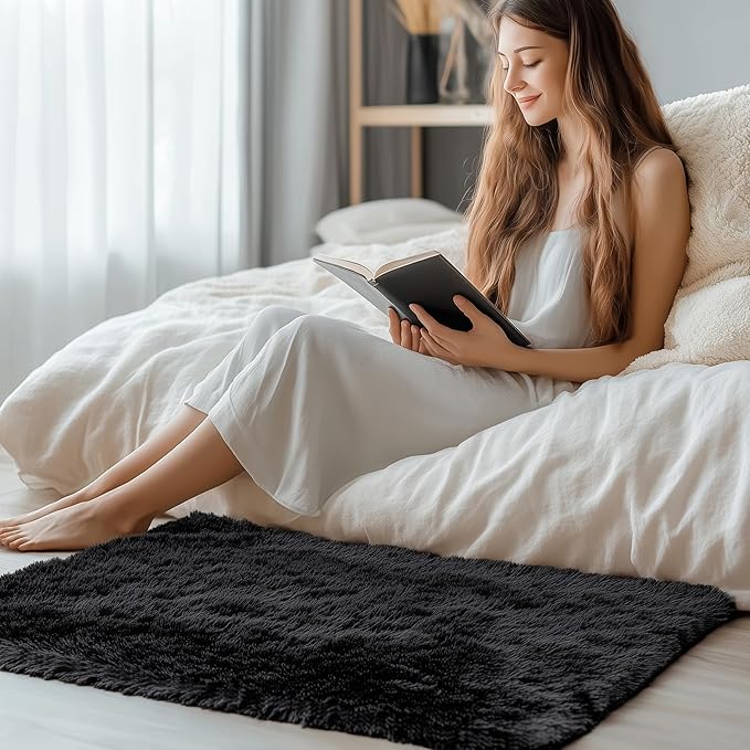 OLANLY 3x3 Machine Washable Small Bedside Rug, Soft Fluffy Shaggy Entryway Throw Rugs for Bedroom, Living Room, Indoor Floor Carpet for Kids Girls and Boys, Nursery Rooms, Home Decor Aesthetic, Black