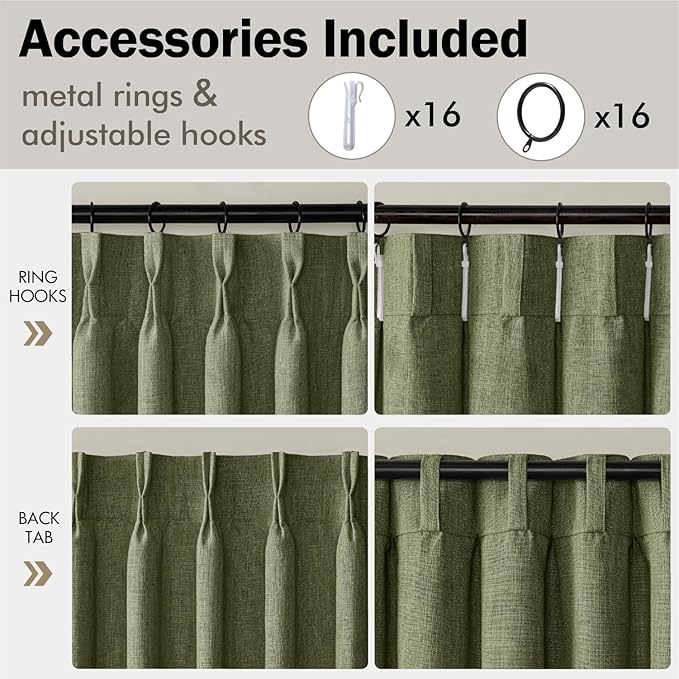 MIULEE Olive Green Pinch Pleated Thick Linen Curtains 108 Inches Long 2 Panels Set for Living Room Bedroom, Linen Texture Drapes Pleat Semi Sheer Moss Green Foor to Ceiling Curtains with Hooks&Rings