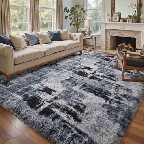 5x7 Ft Large Shag Rugs for Bedroom Living Room, Tie Dyed Ultra Soft Fluffy Furry Area Rug for Indoor Floor, Aesthetic Carpet for Home Decor (Blue)