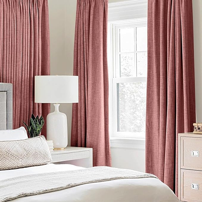 MIULEE 100% Blackout Linen Textured Curtains for Bedroom Solid Thermal Insulated Dusty Rose Grommet Room Darkening Curtains & Drapes Luxury Decor for Living Room Nursery 52 x 54 Inch (2 Panels)