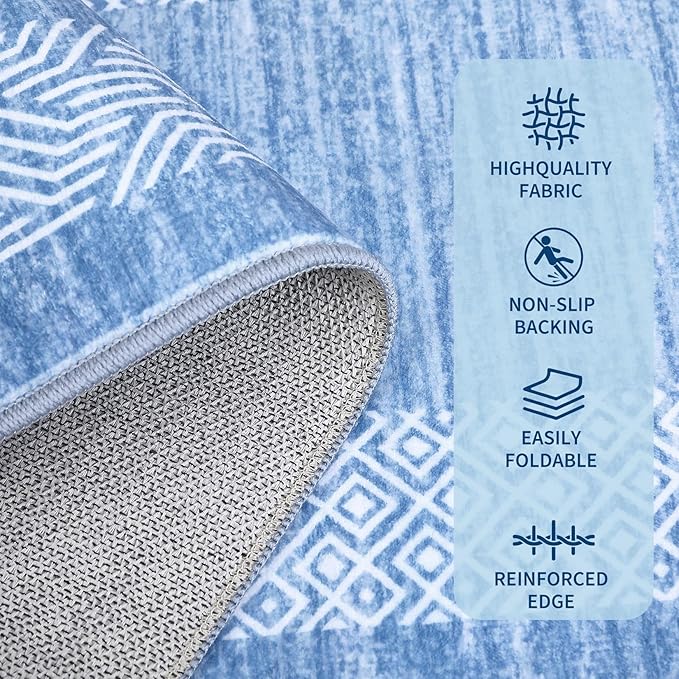 Washable 2.5x10 Kitchen Runner Rug, Easy Clean Geometri Rugs for Hallway Entryway, Indoor Outdoor Non Slip Rug Farmhouse Morden Carpet Door Mat Area Rug for Laundry Room Light Blue