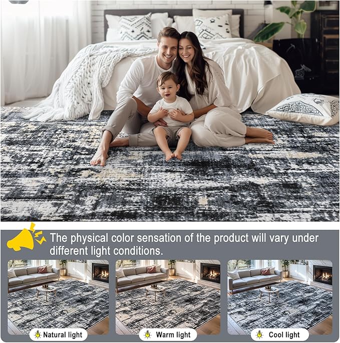 Area Rugs Living Room Rug - 5x7 Washable Modern Abstract Soft Neutral Non-Slip Carpet Large Indoor Floor Thin Carpets for Bedroom Dining Room Farmhouse Nursery Home Office Black Gold