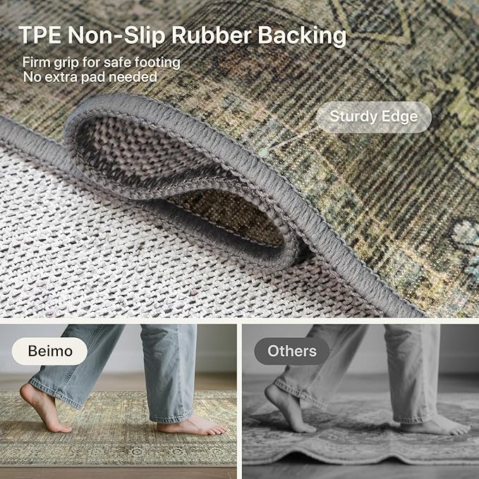 BEIMO Runner Rug for Hallway Kitchen, 2x5 Machine Washable Runners Rug for Entryway, Soft Modern Boho Throw Rugs, Low Pile Floor Cover with Non Slip Backing, Distressed Light Greyish Sage Green
