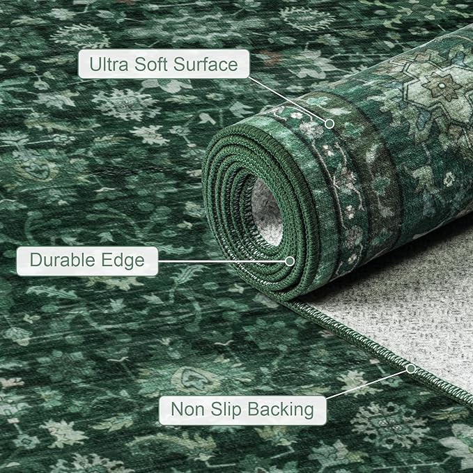 4x6 Area Rugs for Living Room: Washable Rug Soft Vintage Distressed Floral Carpet Indoor Non-Slip Stain Resistant Large Carpets for Bedroom Dining Room Farmhouse Nursery Home Office Deep Green