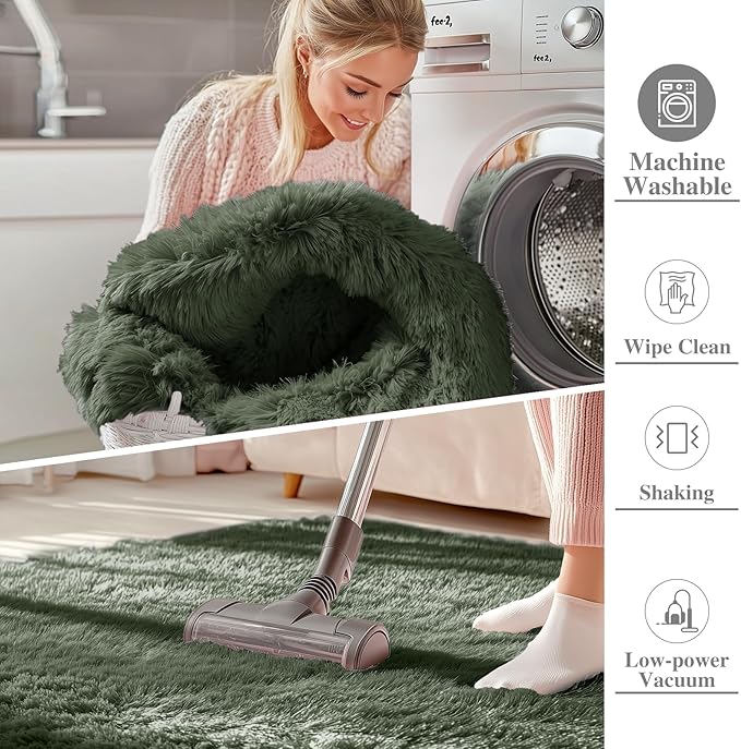 OLANLY 2x3 Machine Washable Small Bedside Rug, Soft Fluffy Shaggy Entryway Throw Rugs for Bedroom, Living Room, Indoor Floor Carpet for Kids Girls and Boys, Home Decor Aesthetic, Olive Green