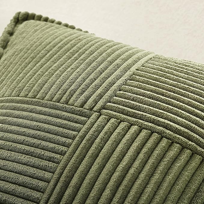 MIULEE Spring Decorative Throw Pillow Covers for Couch Bed Livingroom 18x18 Inch Set of 2 Olive Green Boho Accent Throw Pllows Broadside Striped Patchwork Soft Corduroy Summer Pillowcases