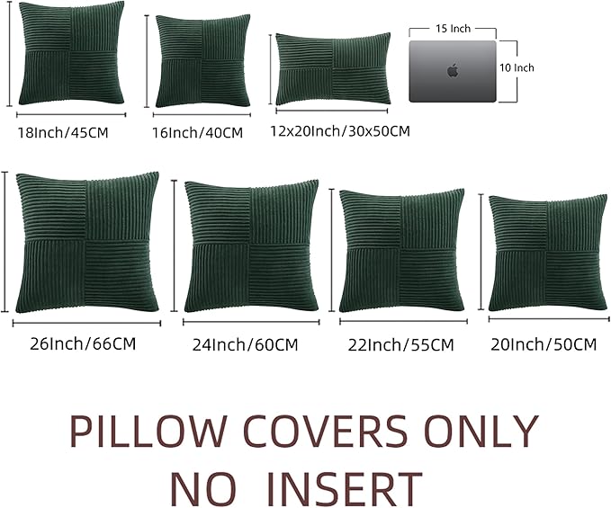 Fancy Homi Set of 2 Dark Green Decorative Throw Pillow Covers 24x24 Inch for Bedroom Couch Bed, Boho Farmhouse Forest Green Home Decor, Soft Corss Corduroy Patchwork Textured Cushion Case 60x60 cm