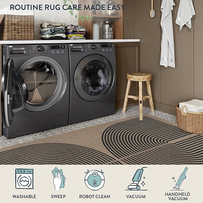 Lahome Enfys Modern Rainbow Easy Jute Office Rug, Outdoor Patio Rug 4x6 for Living Room Washable Carpet for Bedroom, Farmhouse Contemporary Non Slip Non Shedding Black Carpet for Backyard
