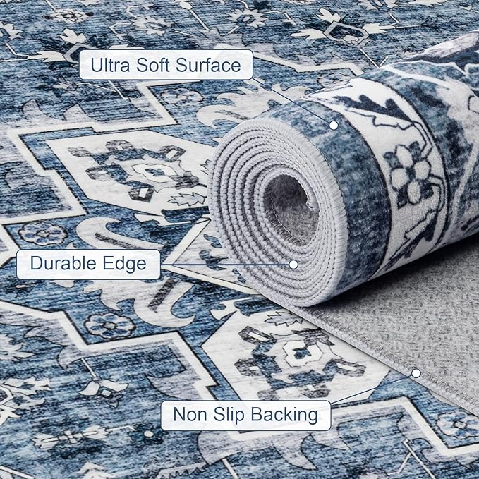 4x6 Area Rugs for Living Room: Washable Rug Soft Vintage Boho Medallion Carpet Indoor Floor Non-Slip Stain Resistant Large Carpets for Bedroom Dining Room Farmhouse Nursery Home Office Blue