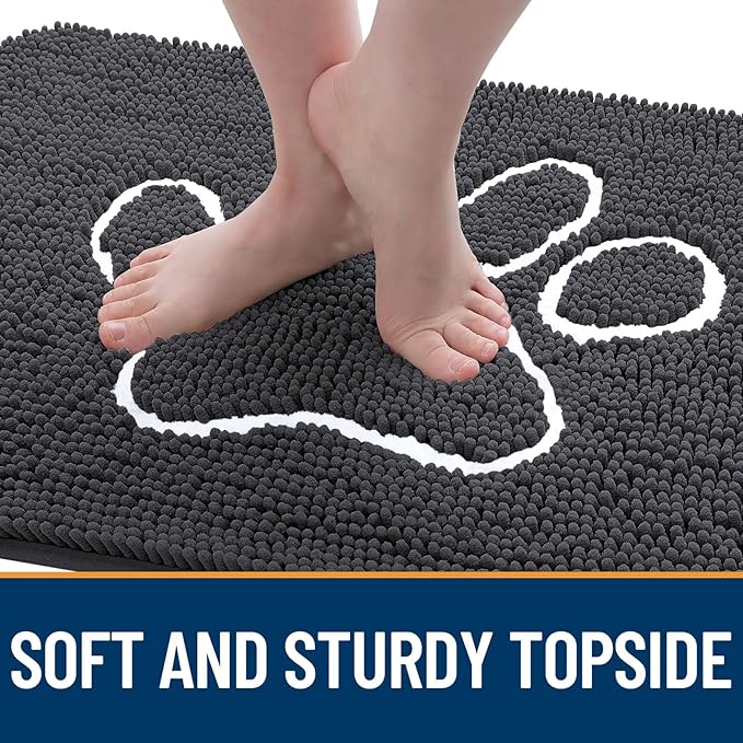 OLANLY Dog Door Mat for Muddy Paws 59x35, Paw Print Design, Absorbs Moisture and Dirt, Absorbent Non-Slip Washable Doormat, Quick Dry Chenille Mud Mat for Dogs, Entry Indoor Entryway Carpet, Dark Grey