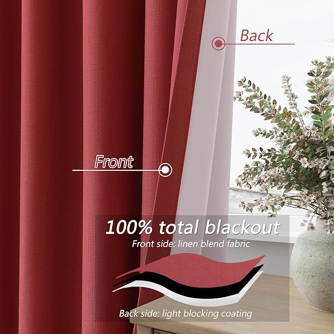 Guken Red 100% Blackout Linen Curtains 120 Inch Length 2 Panels Set for Living Room Bedroom Back Tab/Rod Pocket Thermal Insulated Black Out Drapes Room Darkening Window Curtains,52x120
