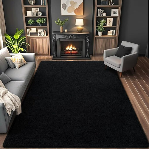 AROGAN Modern Shag Area Rug for Bedroom, 4x6 Feet Washable for Living Room, Indoor Floor Carpet, Plush Memory Foam Bedside for Kids Girls Teens Room, Low Pile Decor, Black