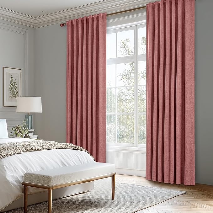 MIULEE 100% Blackout Linen Curtains for Bedroom, Dusty Rose Solid Luxury Decor Thermal Insulation Room Darkening Drapes for Living Room Nursery Back Tab Rod Pocket 42 x 90 Inches, 2 Panels