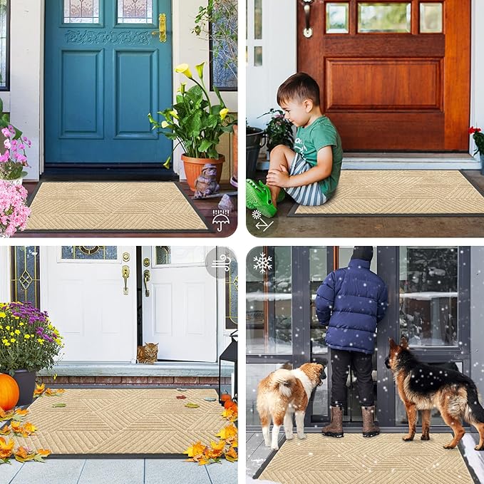 Smiry Front Door Mat Outside Entrance, Heavy Duty Sturdy Natural Rubber Doormat, Trap Dirt and Moisture, Easy Clean Low Profile Mats for Indoor Outdoor Entry, Irregular Triangle (47x32, Beige)
