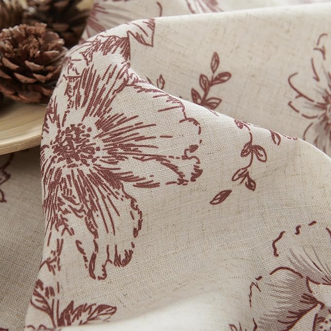 jinchan Linen Blend Curtain Floral Curtains for Living Room 54 Inch Length Farmhouse Brick Red Printed Curtain Rod Pocket Back Tab Peony Flower Patterned Drapes Curtains Set 2 Panels