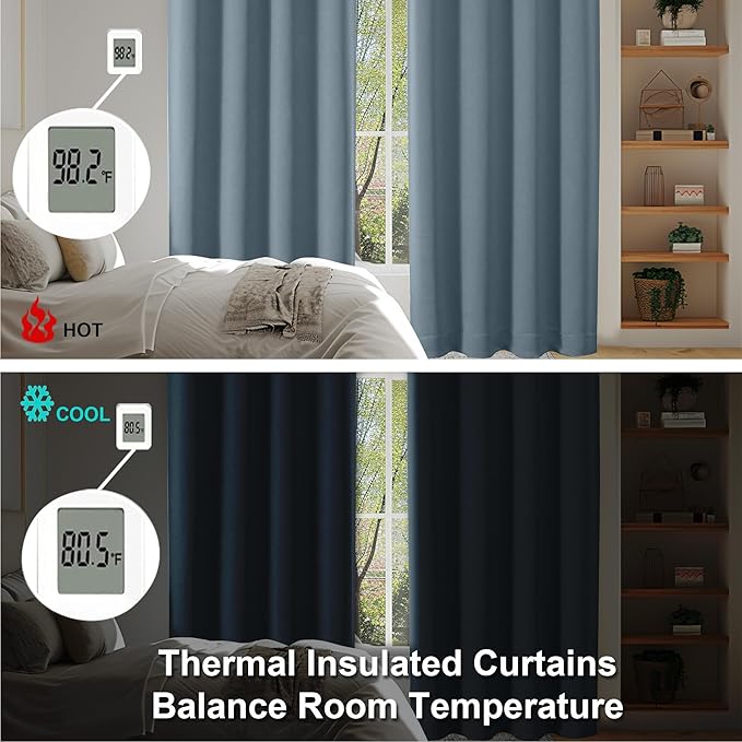 Simplebrand Ava Stone Blue Blackout Curtains for Bedroom 63 Inch Length 2 Panels, Solid Thermal Insulated Energy Saving Rod Pocket Window Treatment Curtains Blackout Drapes, W40 x L63 Inch, Stone Blue