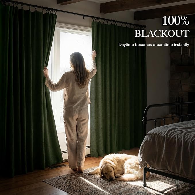 RYB HOME Olive Green 100% Blackout Linen Curtains 96 inches Long, Luxury Thermal Insulated Room Darkening Drapes for Living Room/Bedroom/Sliding Doors, Back Tab&Rod Pocket, W52xL96, 2 Panels