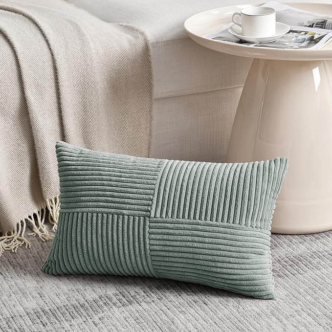 Fancy Homi 2 Packs Grey Blue Lumbar Decorative Throw Pillow Covers 14x22 Inch for Living Room Couch Bed, Rustic Farmhouse Boho Home Decor, Soft Striped Corduroy Rectangle Accent Cushion Case 35x55 cm