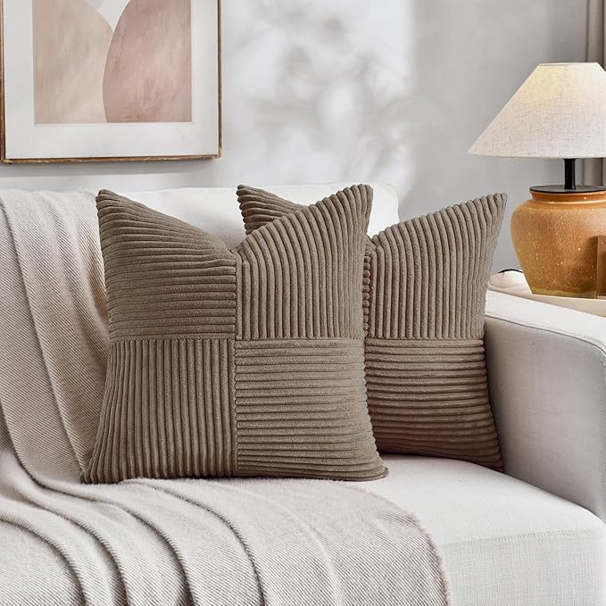Fancy Homi Set of 2, Light Brown Patchwork Corduroy Decorative Soft Striped Modern Accent Cushion Case Farmhouse Boho Neutral Throw Pillow Covers for Chair Couch Bed Sofa Living Room 22x22 Inch