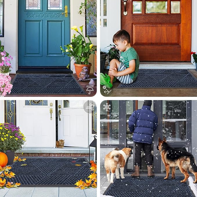 Smiry Front Door Mat Outside Entrance, Heavy Duty Sturdy Natural Rubber Doormat, Trap Dirt and Moisture, Easy Clean Low Profile Mats for Indoor Outdoor Entry, Irregular Triangle (47x32, Navy Blue)
