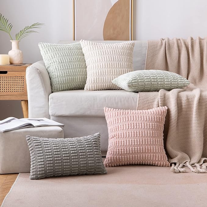 MIULEE Pack of 2 Corduroy Decorative Lumbar Throw Pillow Covers 20x12 Inch Soft Boho Striped Pillow Covers Modern Farmhouse Home Decor for Sofa Living Room Couch Bed Cream White